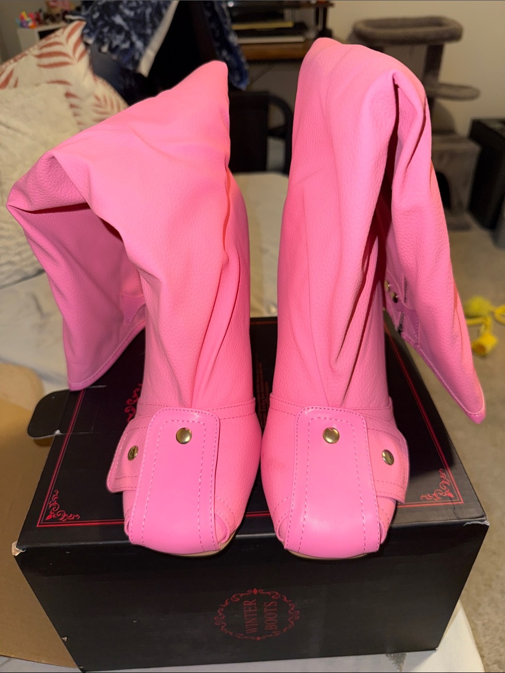 Women's Pink Over-the-Knee Fold-Over Peep-Toe Boots - Picture 2 of 5